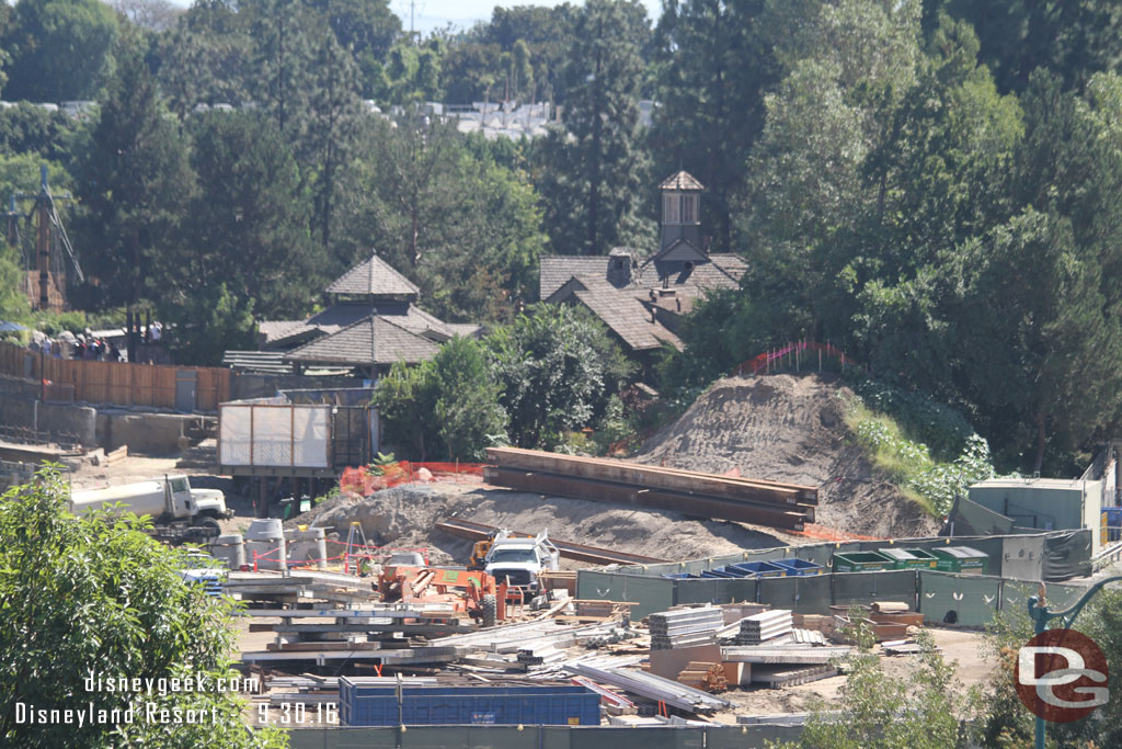 Over toward Critter Country large i-beams waiting to be used.  Wonder if those are for the train trestle, the look rather large for retaining walls over there.