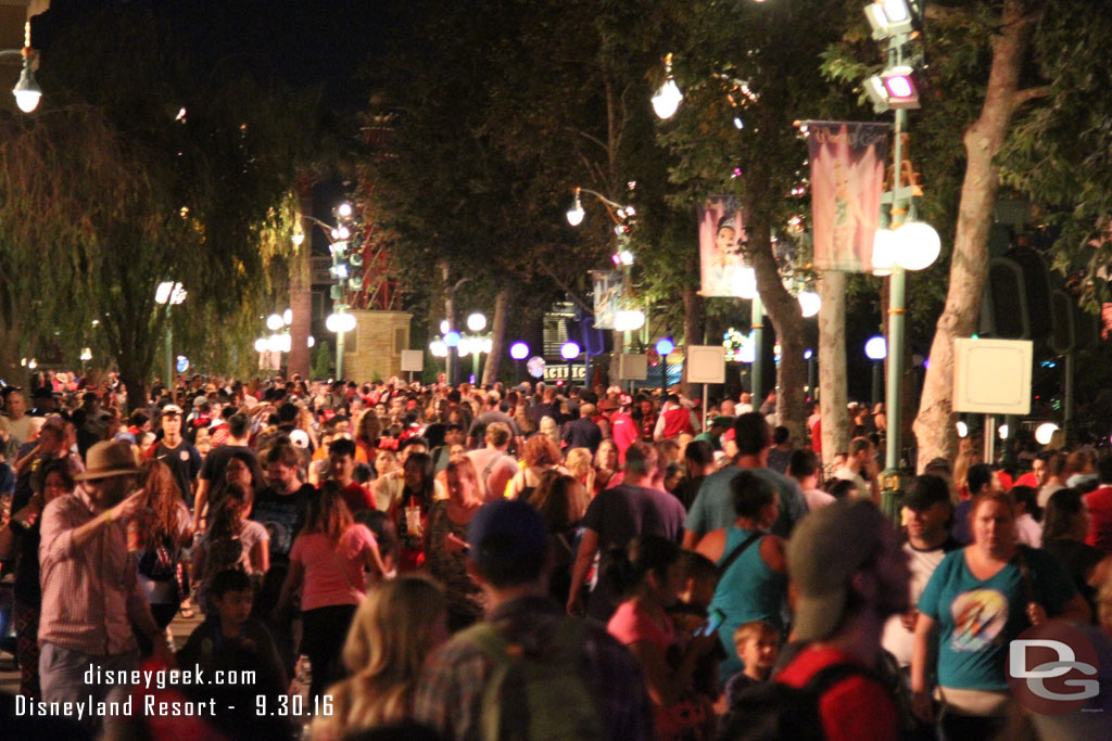 Paradise Pier was very crowded.  The standby area for World of Color was moved out and marked by tape.  But with the near gridlock in the walkways it was a mess to walk through.