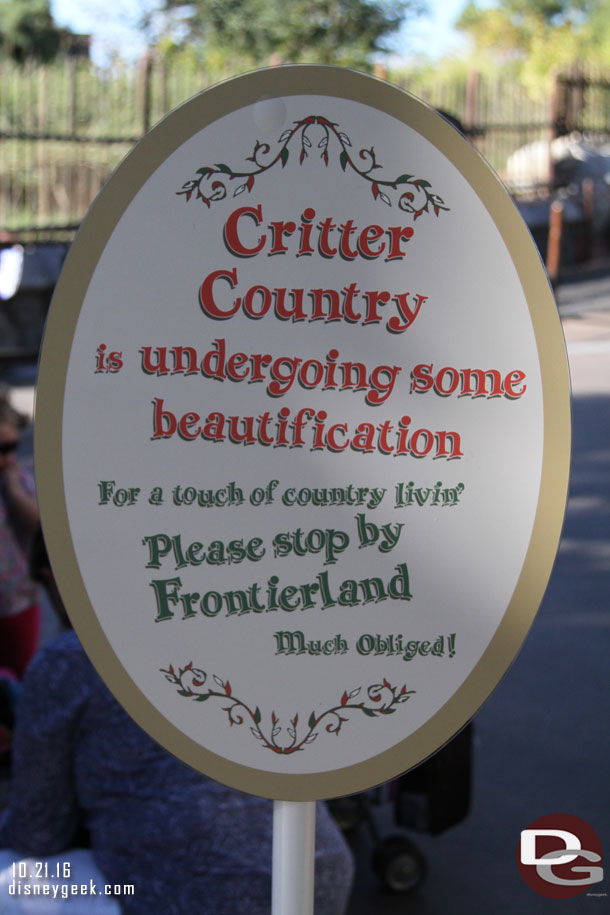 A sign on the main walkway.  It was closed just before the bridge by Splash Mountain.