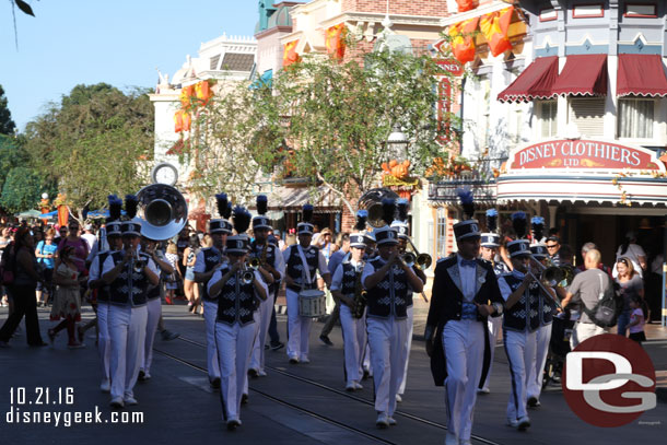 The Disneyland Band arriving for the Flag Retreat.  Still wearing blue. No Halloween colors.