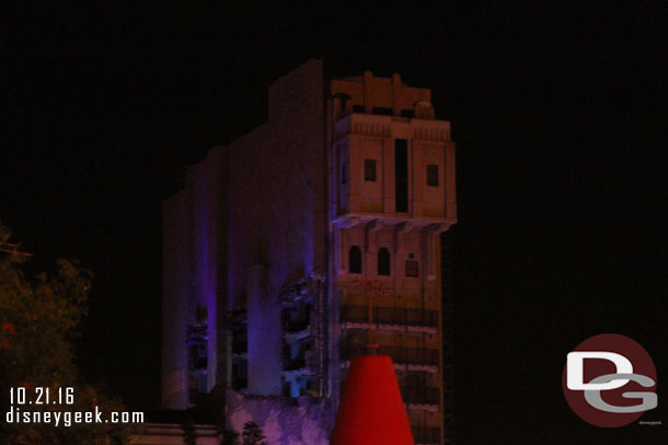 The side of the tower facing Cars Land is still not covered.