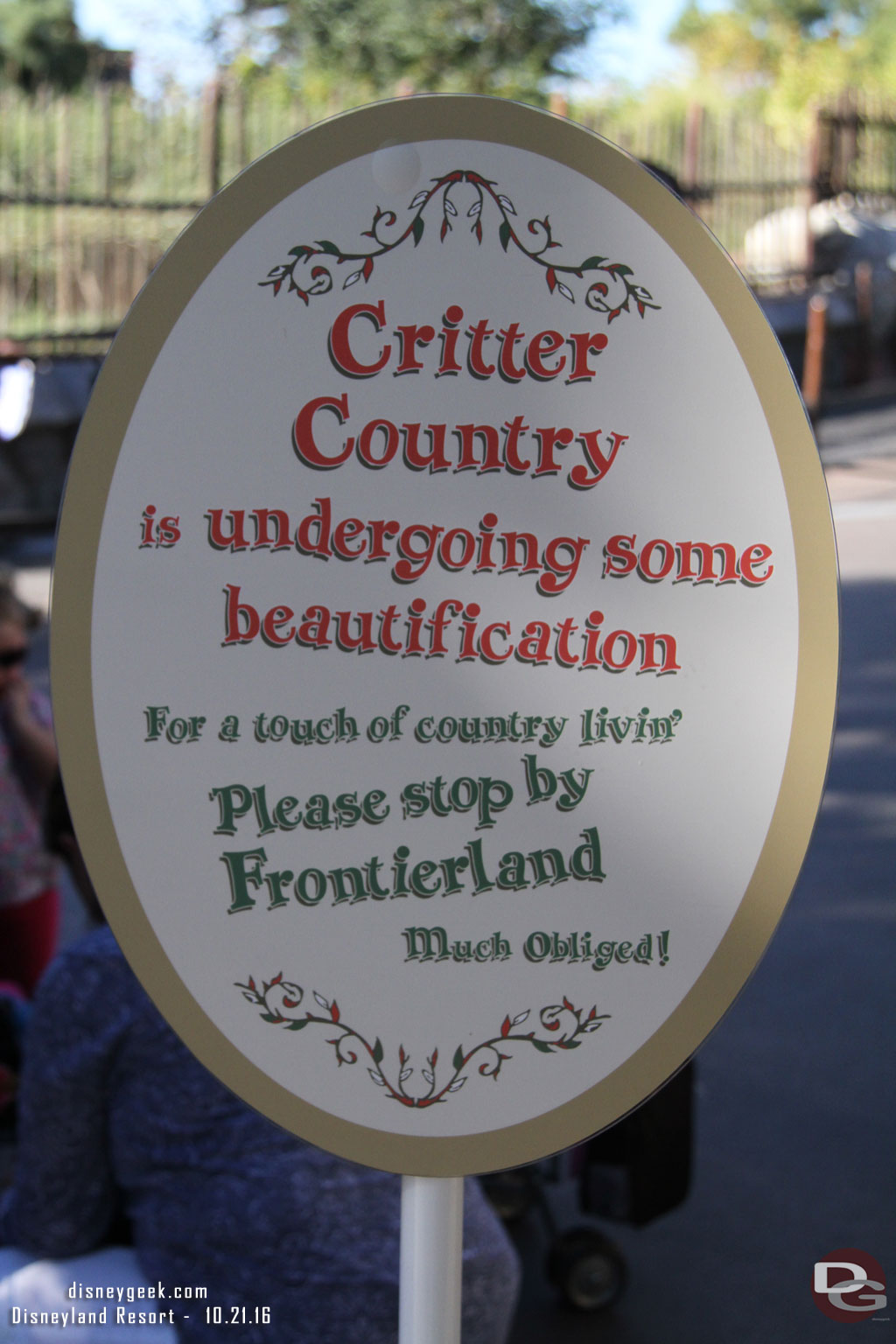 A sign on the main walkway.  It was closed just before the bridge by Splash Mountain.