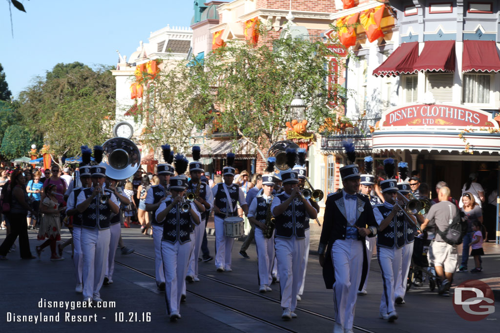 The Disneyland Band arriving for the Flag Retreat.  Still wearing blue. No Halloween colors.