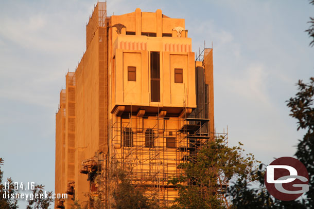 A side view of the Tower of Terror.  Looks like scaffolding is up on 3 of the 4 sides so far.  Just this side to go.