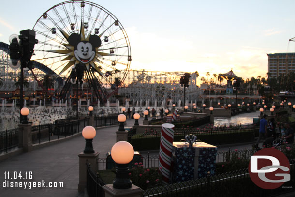 Paradise Park is ready for the new World of Color show starting Thursday, Season of Light.  The fountains were warming up for the regular show this evening.