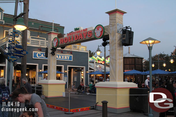 A small stage set up in the Wharf area.