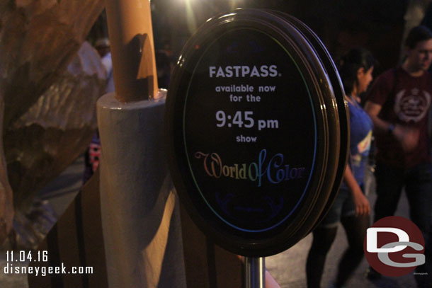 6:15pm and FastPasses still available for the one and only World of Color show today.