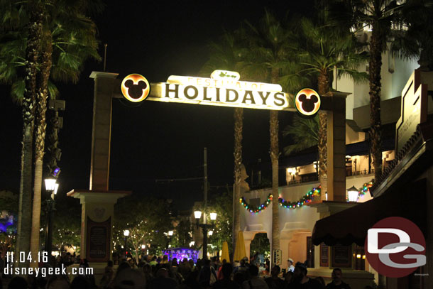 The Festival of Holidays sign is lit up this evening.