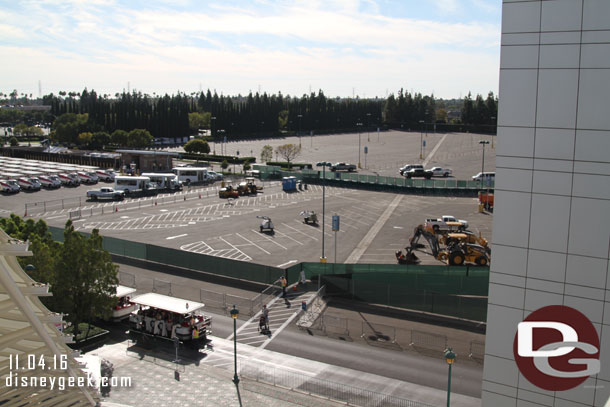 Moving on to the Tram stop work.  The closest section of the Pinocchio lot is now fenced off and equipment looks ready to start work.  Also the crosswalk has been moved closer to the structure right now.