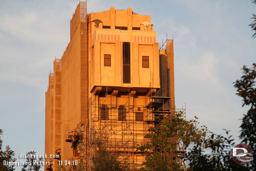 A side view of the Tower of Terror.  Looks like scaffolding is up on 3 of the 4 sides so far.  Just this side to go.