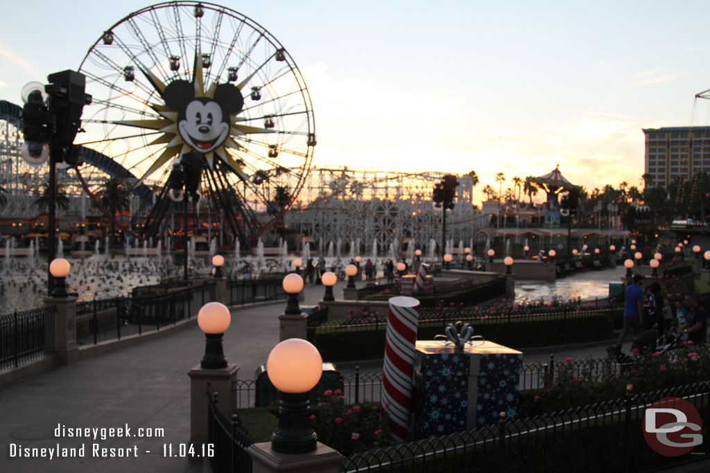 Paradise Park is ready for the new World of Color show starting Thursday, Season of Light.  The fountains were warming up for the regular show this evening.