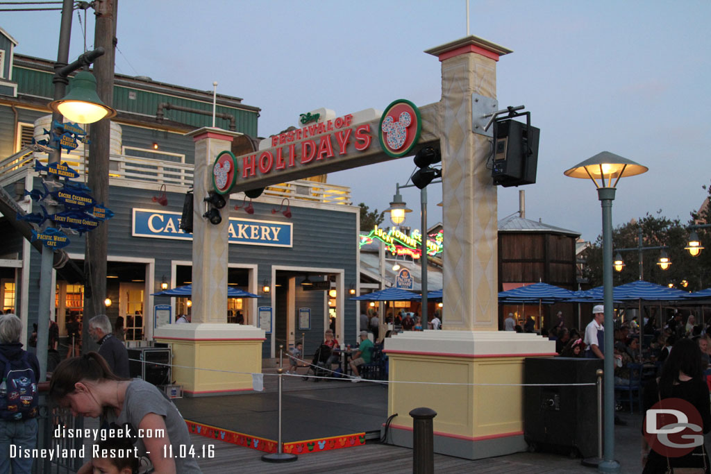 A small stage set up in the Wharf area.