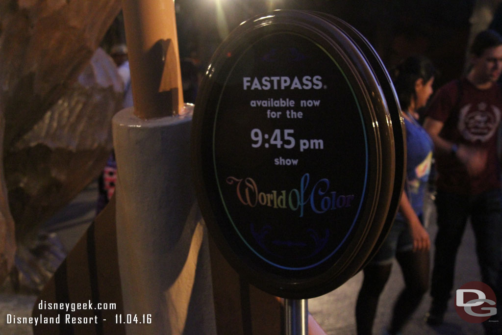 6:15pm and FastPasses still available for the one and only World of Color show today.