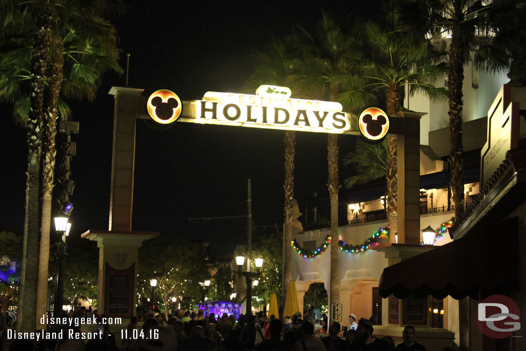 The Festival of Holidays sign is lit up this evening.