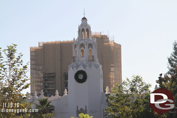 Carthay Circle has its Christmas wreath up.  Beyond it the Tower of Terror is now fully surrounded with scaffolding.