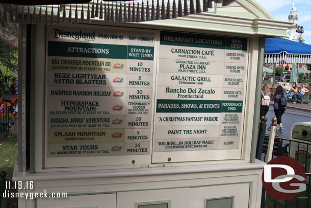 A check of the Disneyland waits at 10:08am (park opened at 8am)