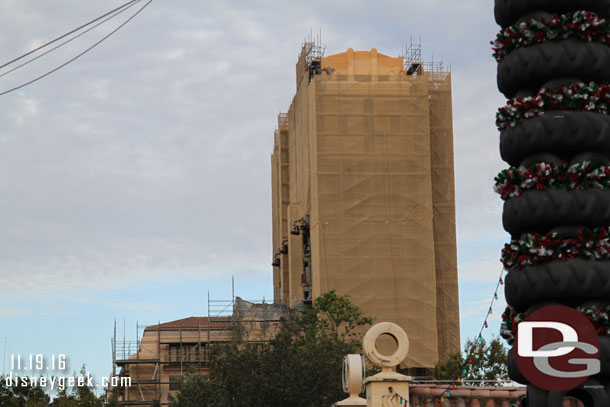 The main tower is now surrounded by scaffolding.   The lower front portion is starting to be now. 