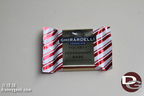 Ghriardelli is passing out peppermint bark.