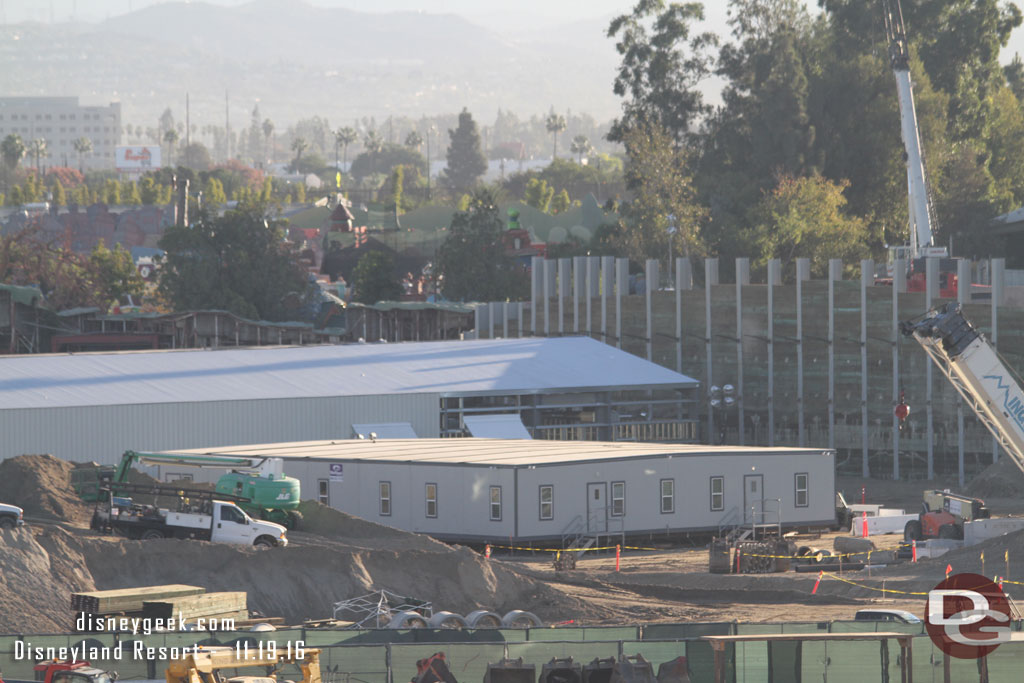 A closer look at the construction trailers and beyond them the backstage building.  Looks like the large retaining wall is now fully excavated.