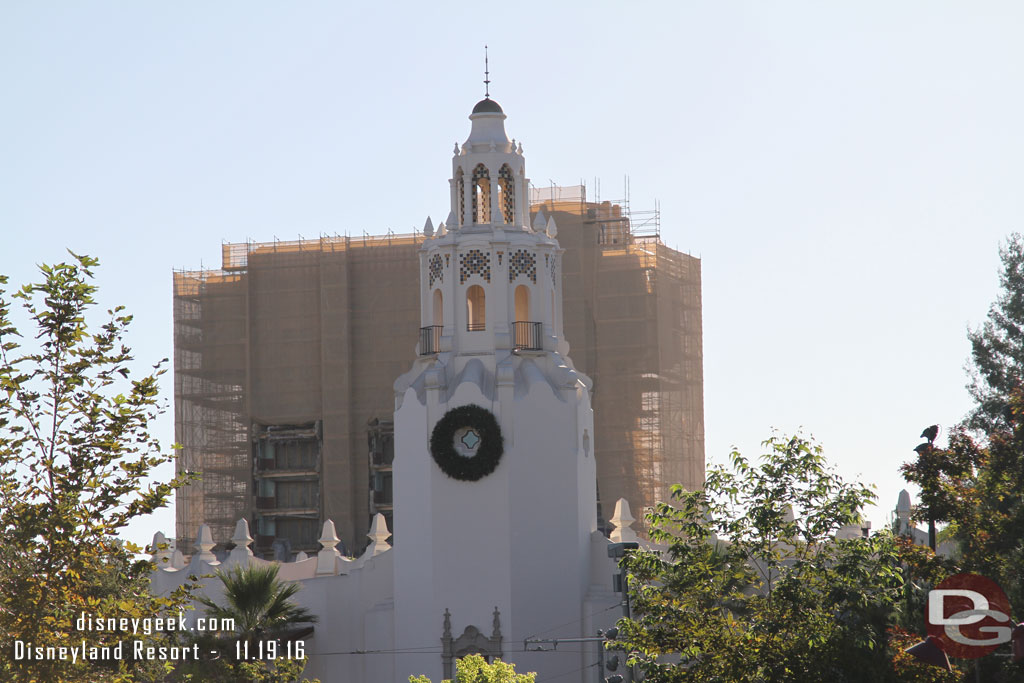 Carthay Circle has its Christmas wreath up.  Beyond it the Tower of Terror is now fully surrounded with scaffolding.