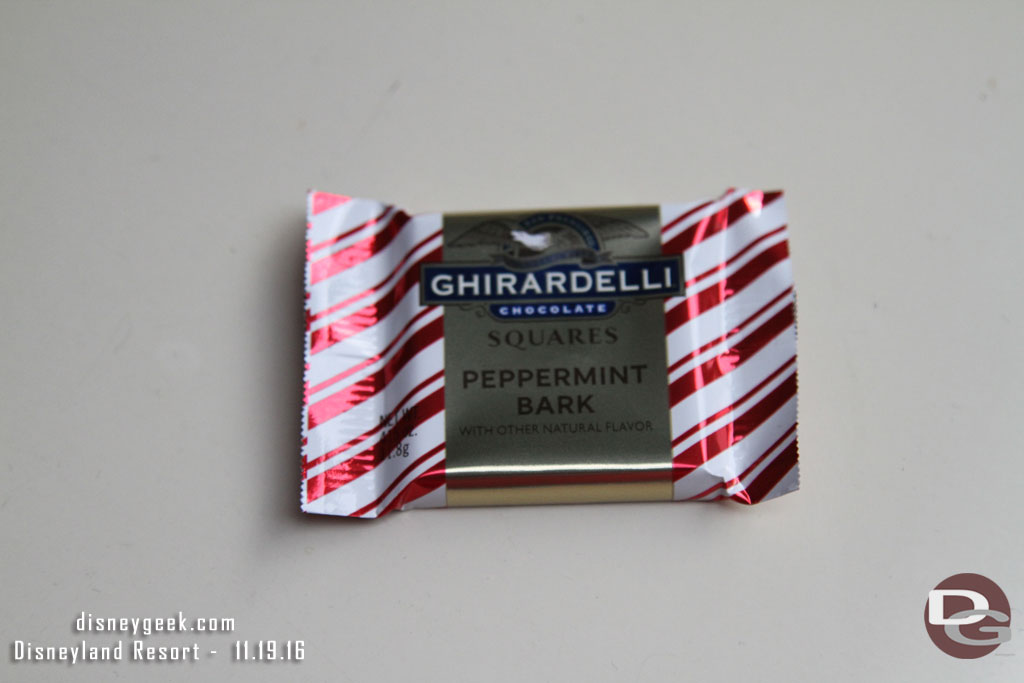 Ghriardelli is passing out peppermint bark.