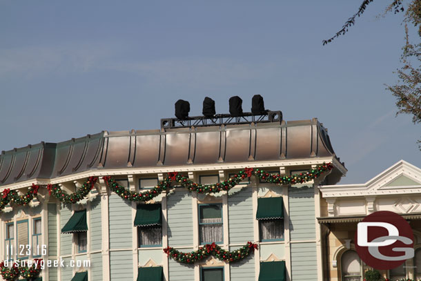 Early preparations underway for the Candlelight.  Some lights on the roof tops.  The ceremony is next weekend.