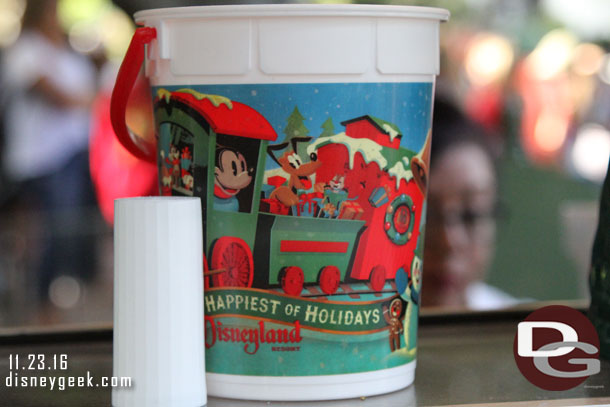 Holiday popcorn bucket.