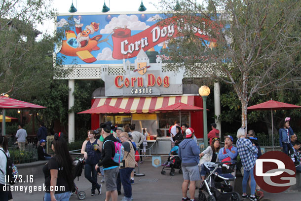 Today the Corn Dog Castle queue was set up out front vs wrapping down the side.