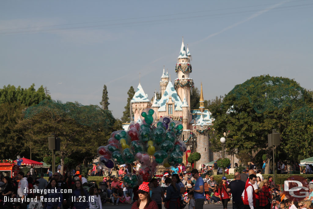 Balloons blocking my view of Sleeping Beauty Castle.