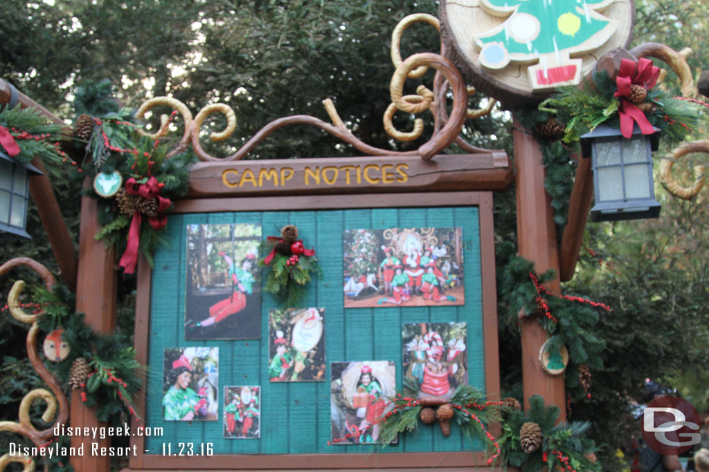 The Camp Notices board features pictures of the elves.