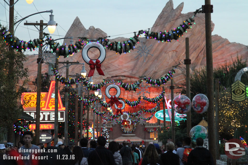 Passed by Cars Land as the lights were coming on for the evening.