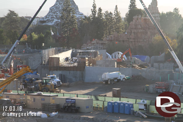 Further right the Fantasmic backstage marina looks to be getting a second story.  Or maybe that is to support rock work.  You can see they are work on the path for the train to the right of it.