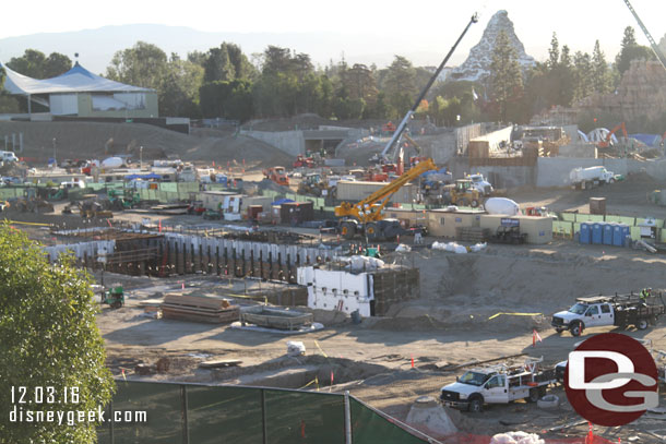 Swinging around to the nearer lot where a show building is taking shape for one of the attractions in Star Wars Land.