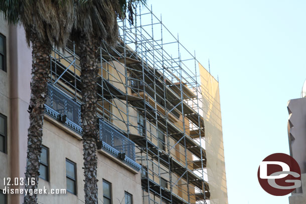 More scaffolding is going up to completely surround the building.