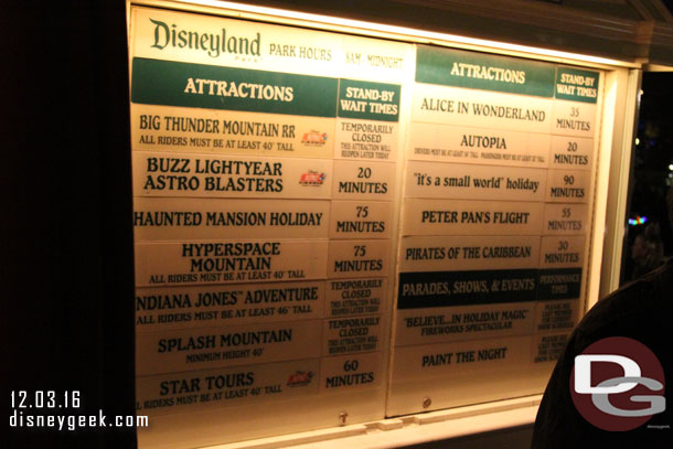 Disneyland wait times at 6:26pm.  A tough evening for the west side with three major closures.