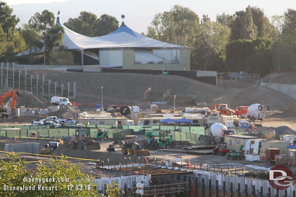 Dirt is almost to the top of the large retaining wall.  Looks like this will be part of the sound barrier between Fantasyland and Star Wars.