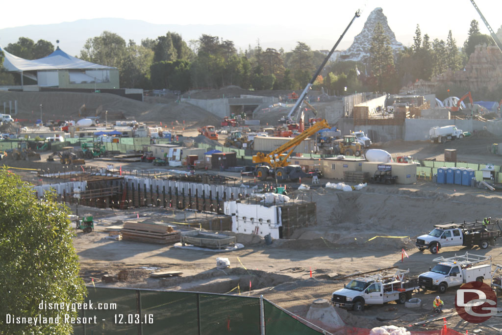 Swinging around to the nearer lot where a show building is taking shape for one of the attractions in Star Wars Land.