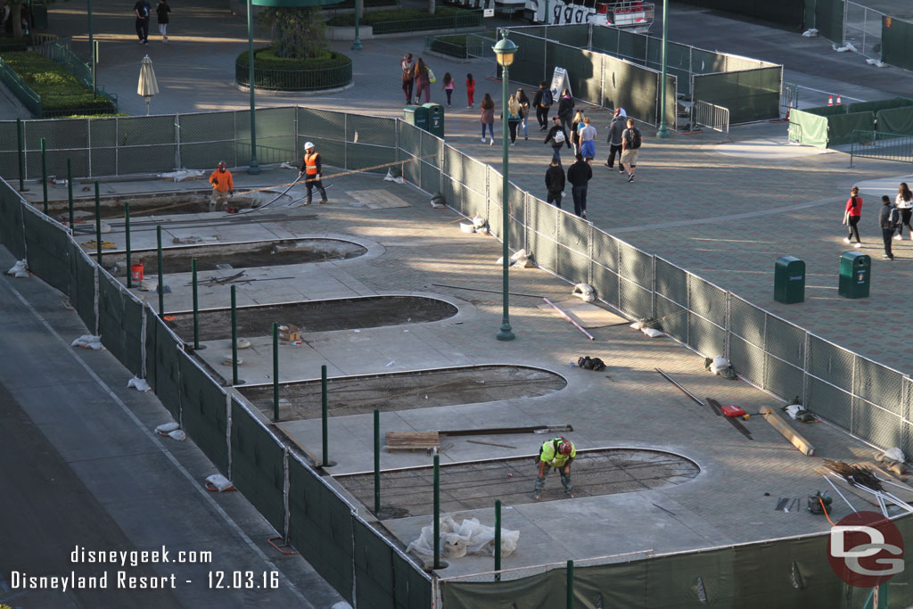 The first station on the left has been removed.  Notice the new fence posts along the tram route.  Since the route will be in the secure zone but escalator area will not be.