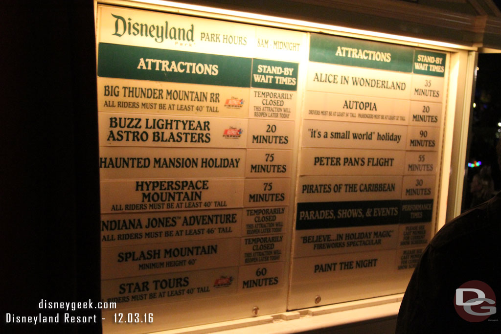 Disneyland wait times at 6:26pm.  A tough evening for the west side with three major closures.