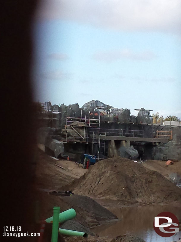 Rock work surrounding the train trestle.