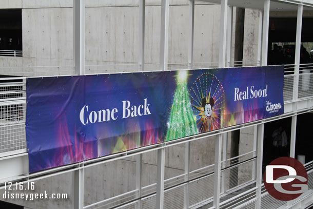 The exit banner at the Mickey and Friends parking structure for the holidays.