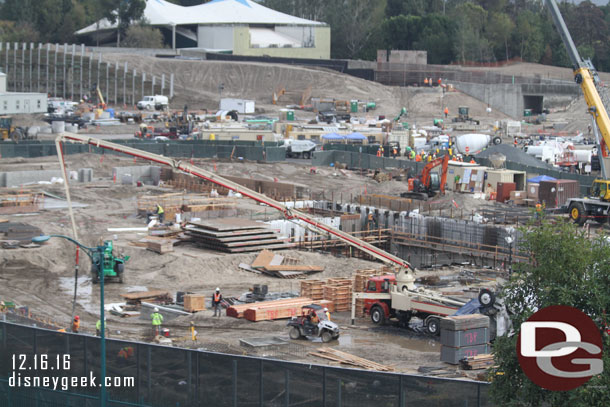 In the nearer area work continues on the foundation for a show building.  Concrete pours going on this afternoon.