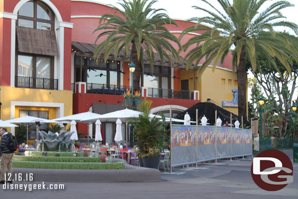 Tortilla Jos has expanded the outdoor seating and has a fence up to block the view of the House of Blues work.