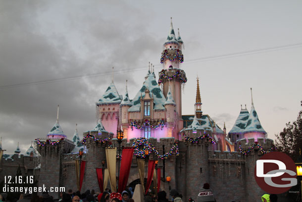 Sleeping Beauty Castle as night falls.