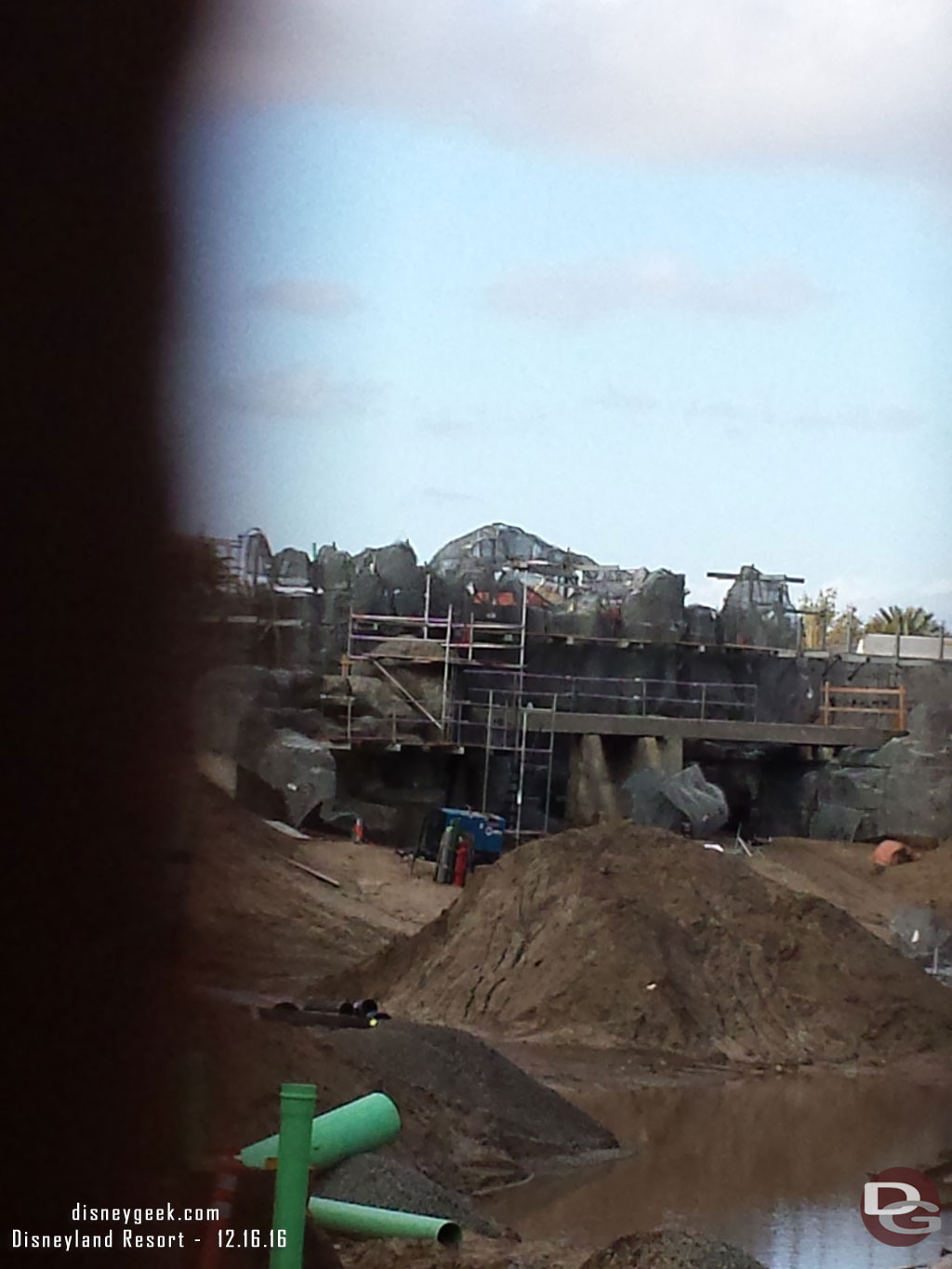 Rock work surrounding the train trestle.