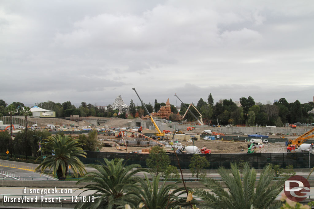 An overview of the Star Wars Construction site from the Mickey and Friends Parking Structure.