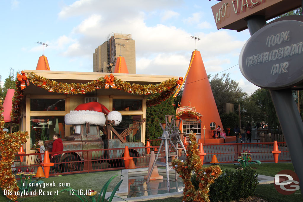 Santa Mater at the Cozy Cone.  Also note the fountain was off today, guessing due to wind.