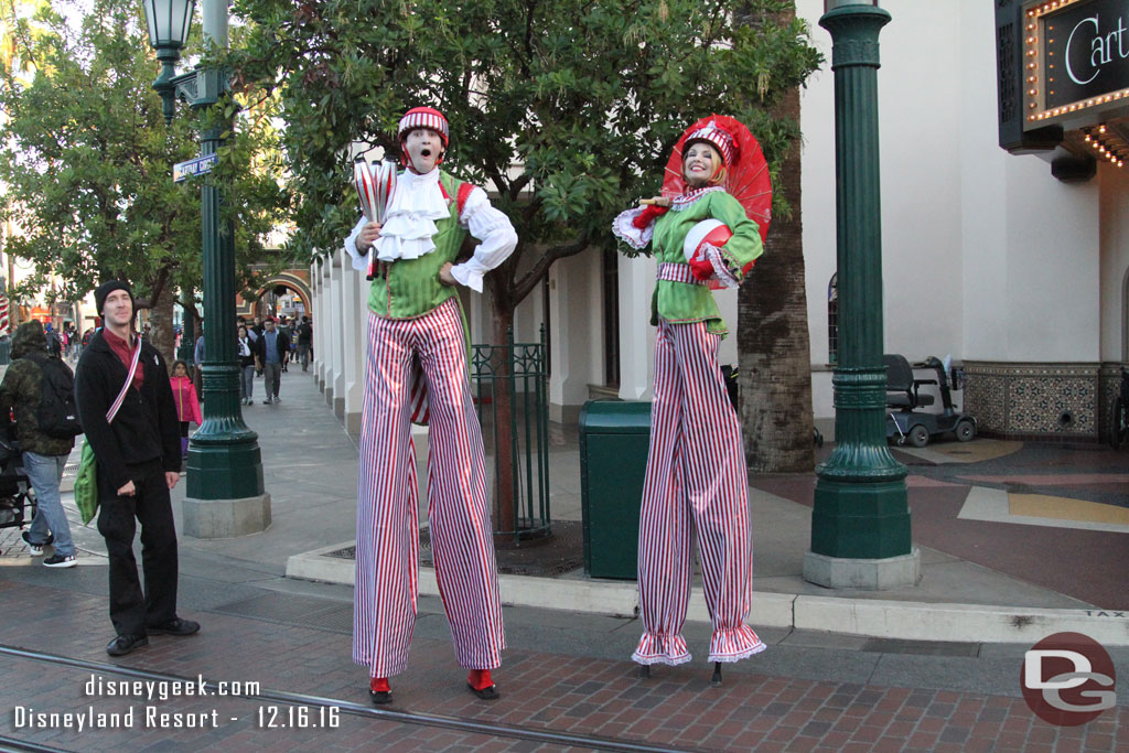 The Stilt Circus duo in Carthay Circle.