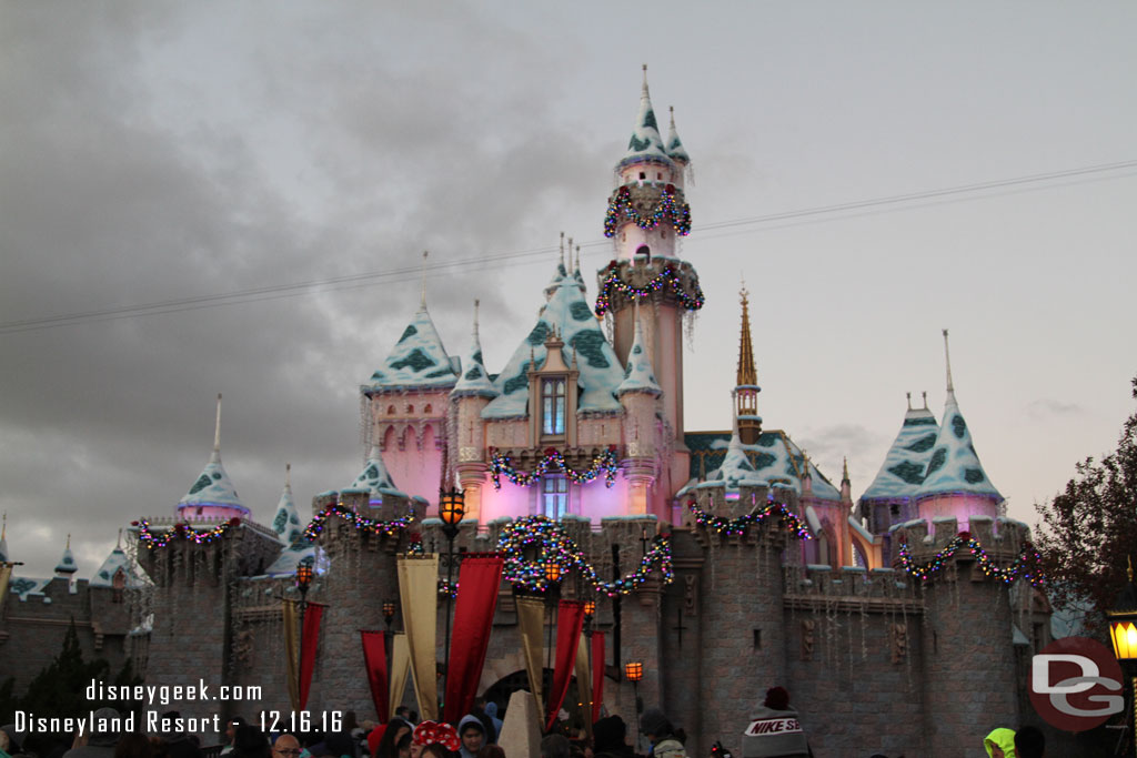 Sleeping Beauty Castle as night falls.