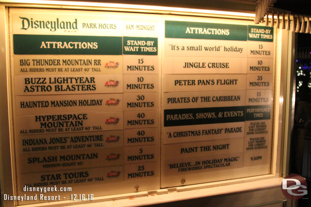 Disneyland wait times at 6:15pm